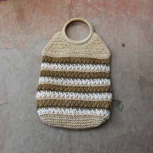 Hand Crocheted Straw Tote Bag Boho Slouchy Market Beach Bag Neutral Brown
